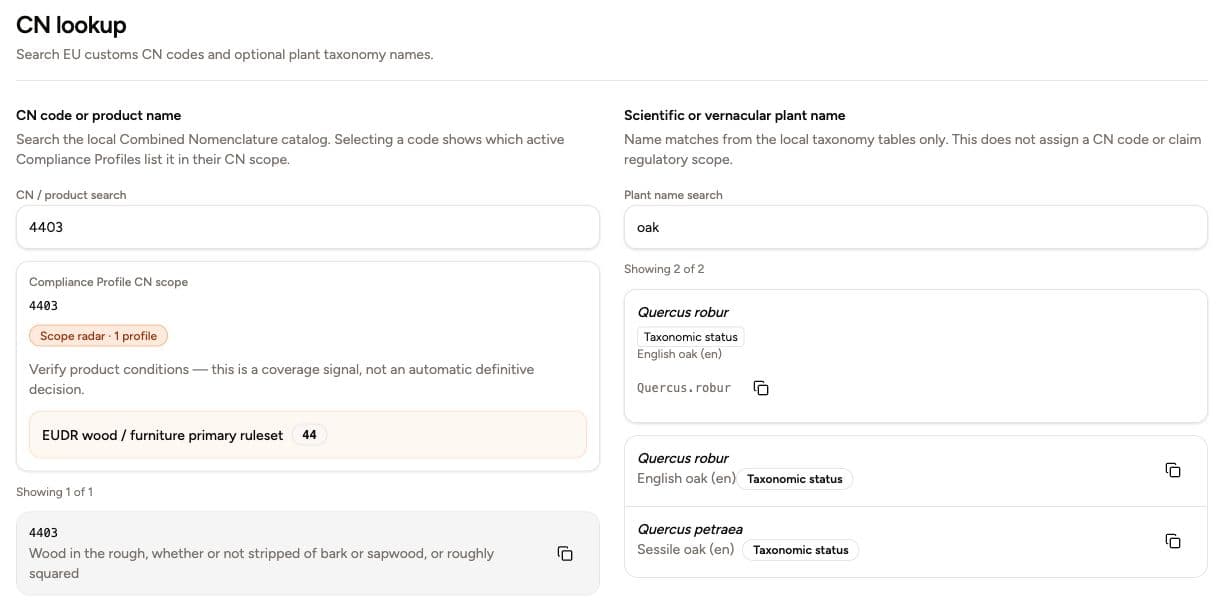 CN-Suche mit Code 4403 und Quercus-robur-Taxonomie im Dashboard