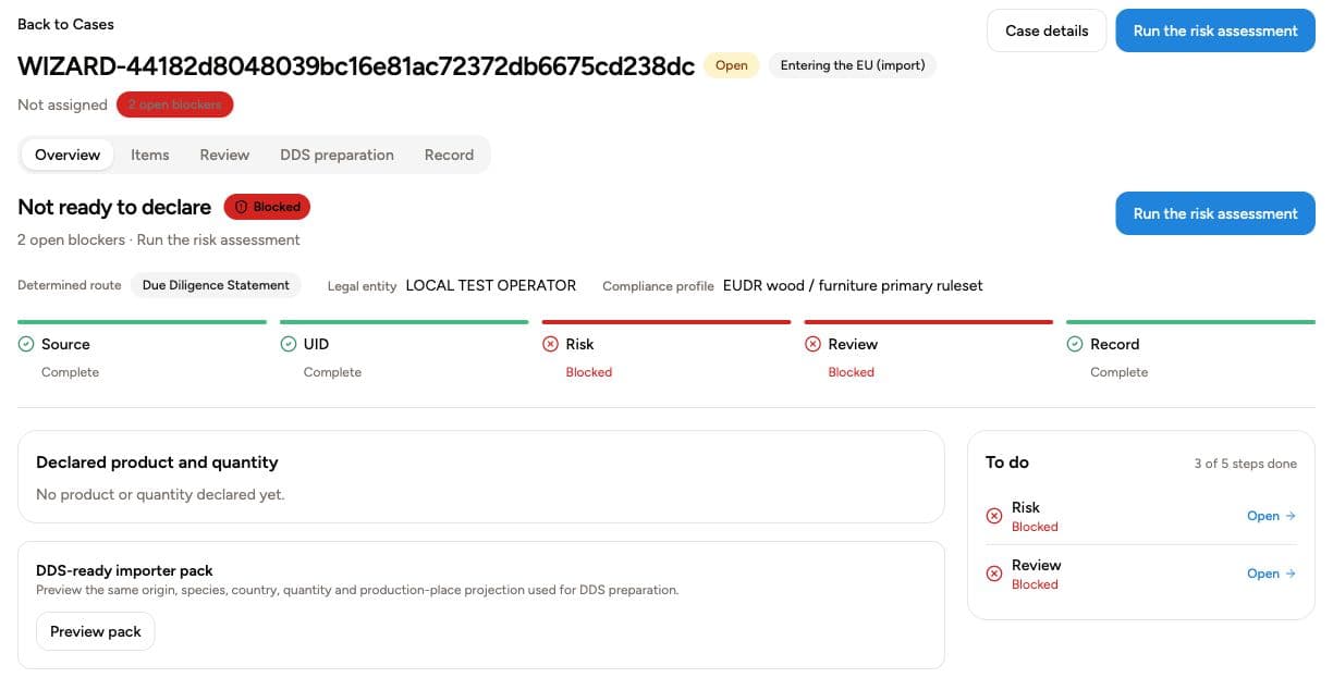 EUDR-Workflow-Übersicht mit drei von fünf abgeschlossenen und zwei blockierten Schritten