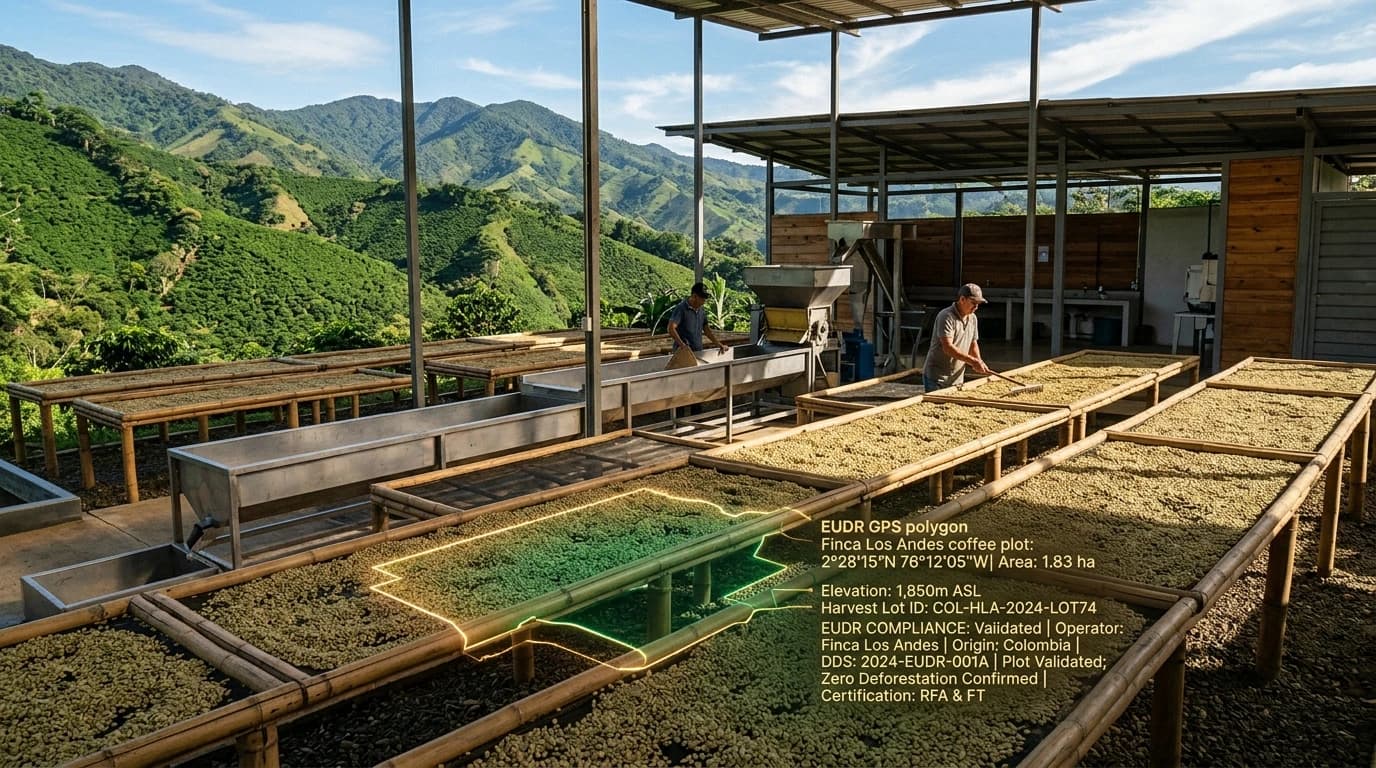 EUDR coffee farm traceability, drying beds and harvest lot geolocation verification