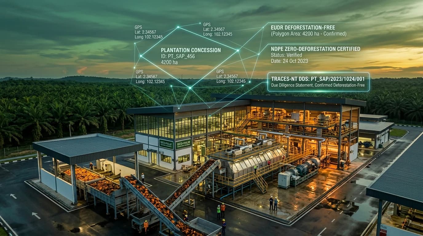 EUDR palm oil mill processing, concession polygon tracking and zero-deforestation certification