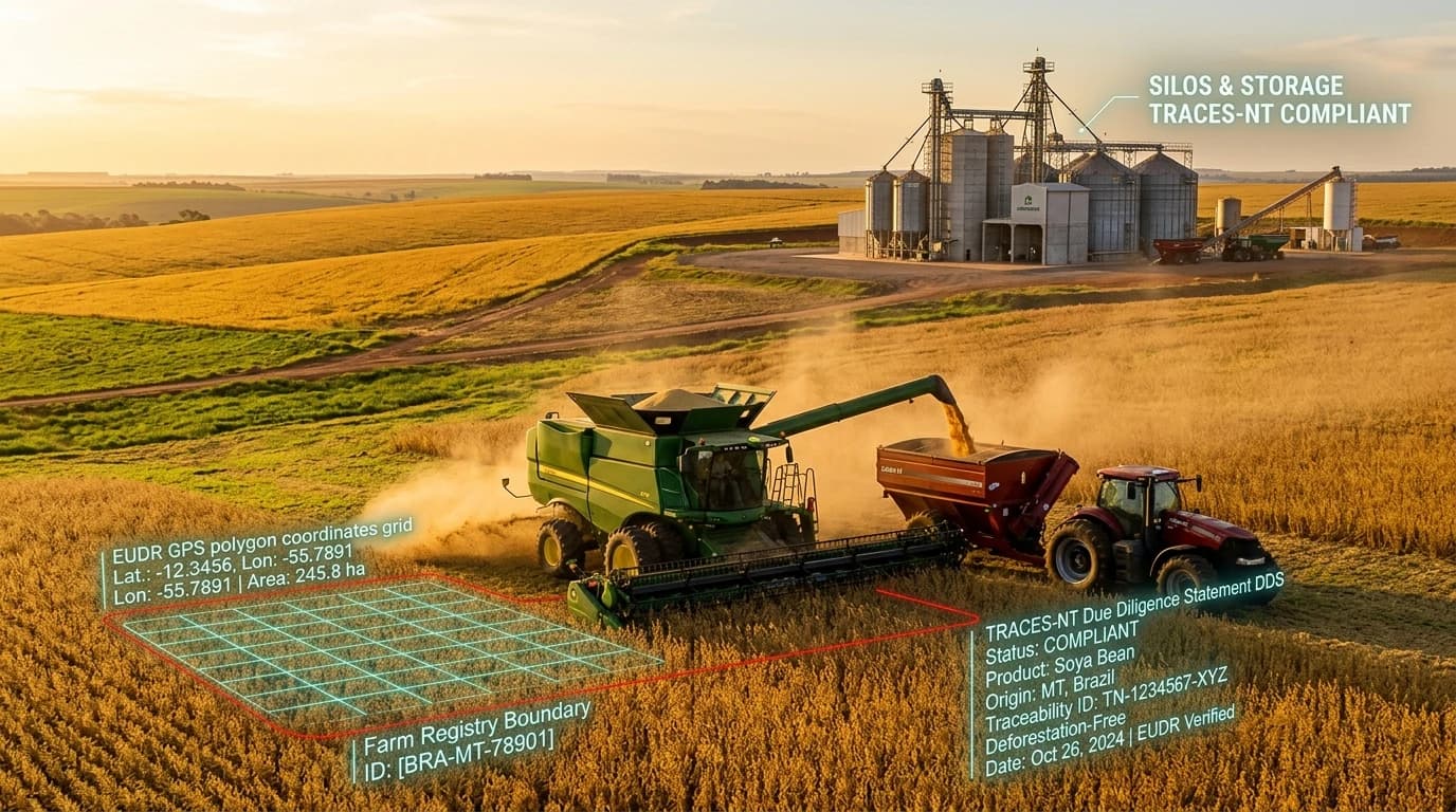 EUDR soya bean harvest, agricultural grain silos and farm polygon grid verification