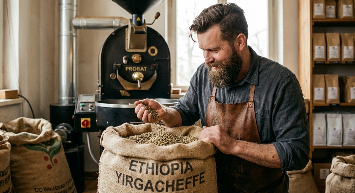 Coffee vendor inspecting beans